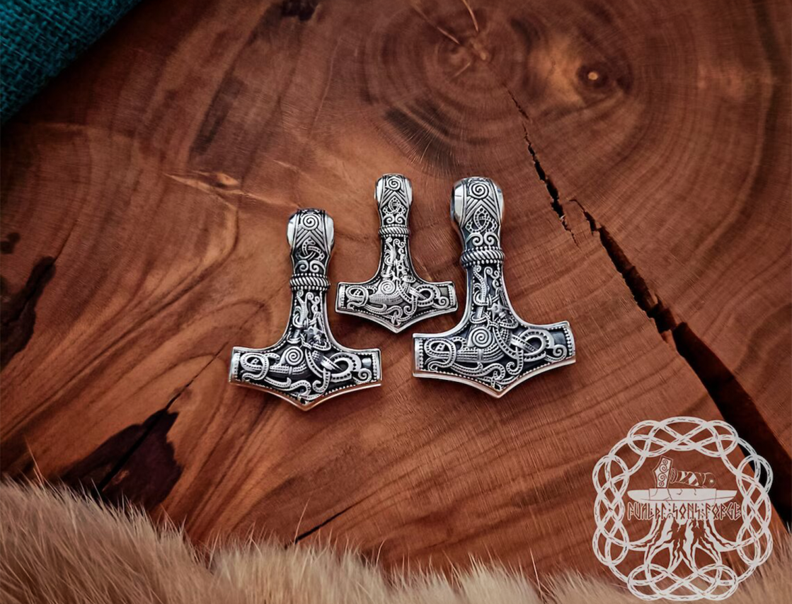 Sterling Silver Mammen Mjolnir Pendant. Handmade Viking Thor Hammer Necklace.
