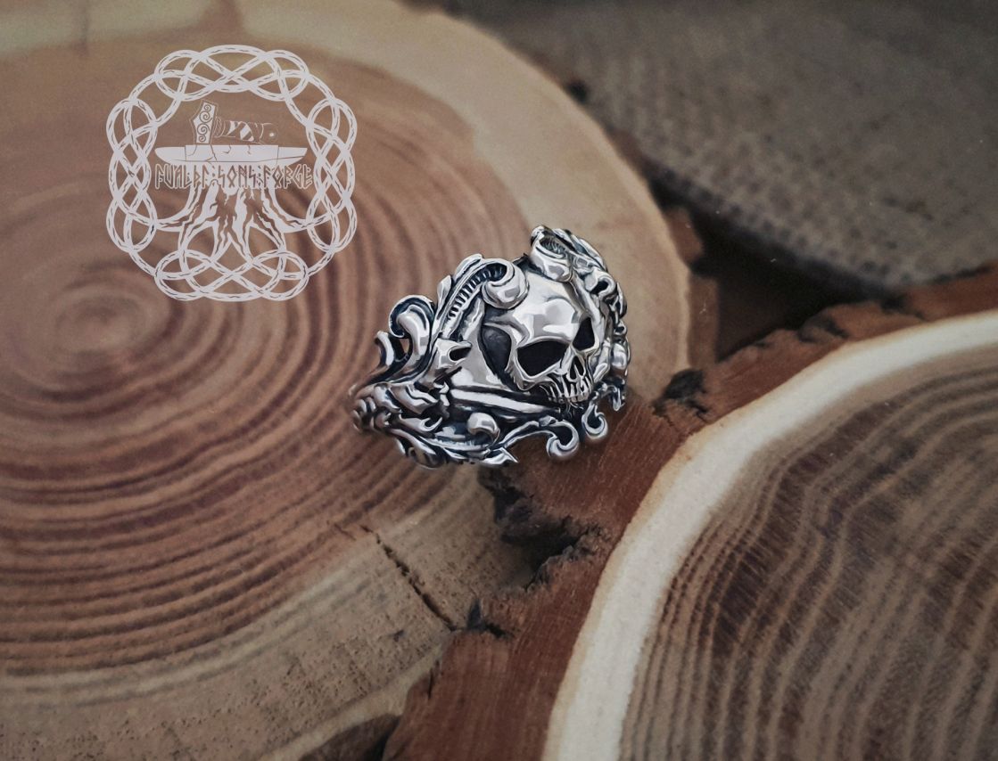 Sterling Silver Floral Skull Ring. Edgy Handmade Biker Jewelry.