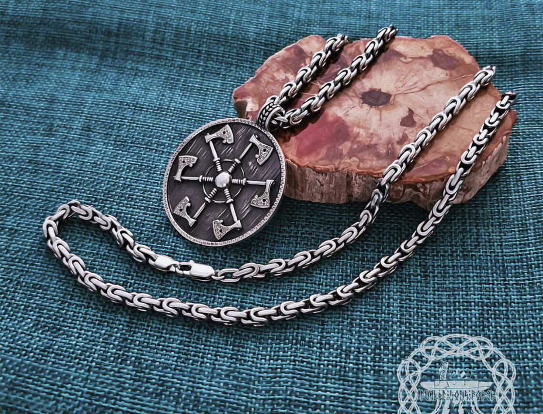 Handmade Sterling Silver Shield Pendant. Viking Axe Necklace.