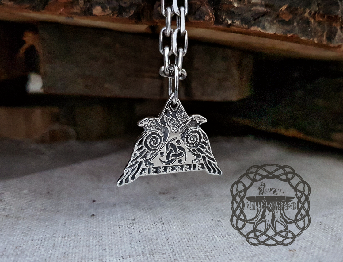 Sterling Silver Odins Ravens Pendant. Featuring Valknut and Odins Horn Symbols.