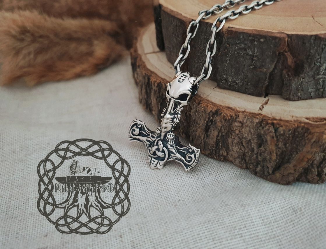 Viking Thor Hammer Necklace. Sterling Silver Skull Mjolnir Pendant.