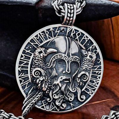 Handmade Sterling Silver Odin Necklace. Viking Raven Design.