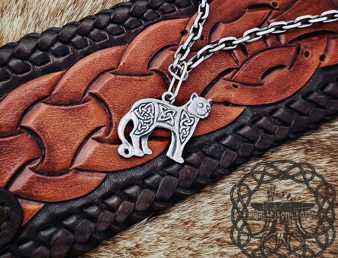 Sterling Silver Mystic Celtic Cat Pendant. Handmade Women Necklace.