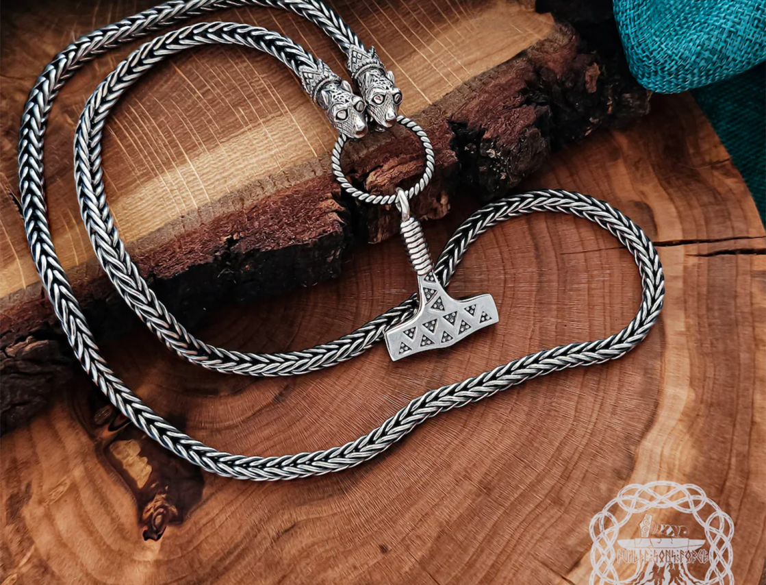 Authentic sterling silver wolfs head viking chain. Handmade norse necklace.