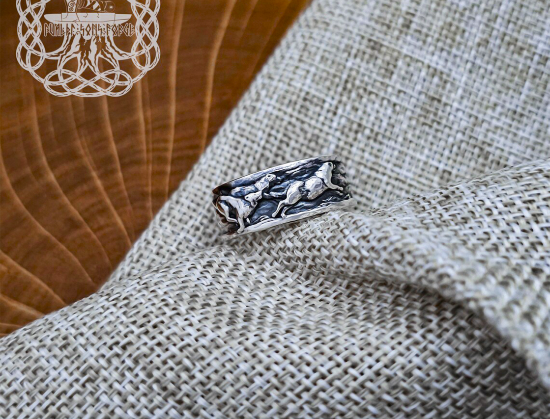 Sterling Silver Wolf Pack Statement Ring. Handmade Wildlife Jewelry.
