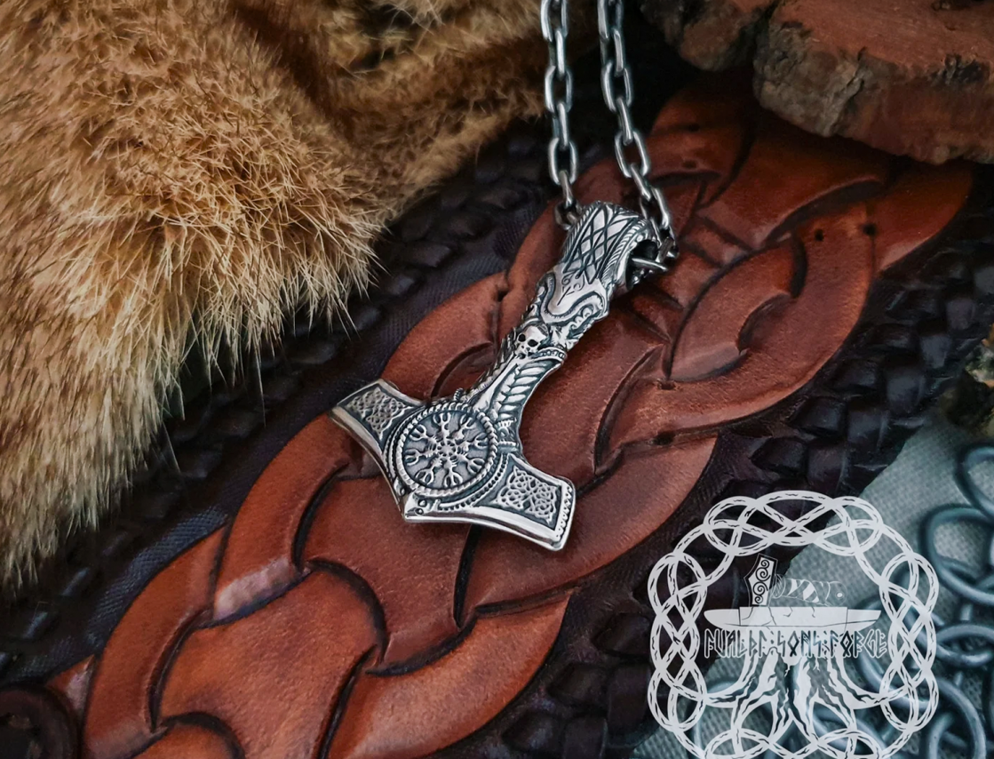Viking Mjolnir Necklace with Helm of Awe. Sterling Silver Thor Hammer Pendant.