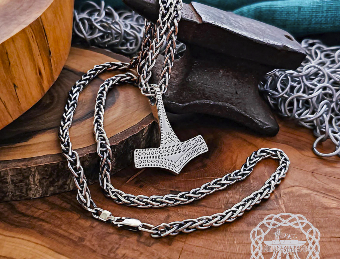Handmade Thor hammer viking replica necklace. Sterling silver Romersdal mjolnir pendant. 