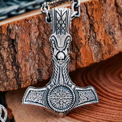 Viking Mjolnir Necklace with Helm of Awe. Sterling Silver Thor Hammer Pendant.