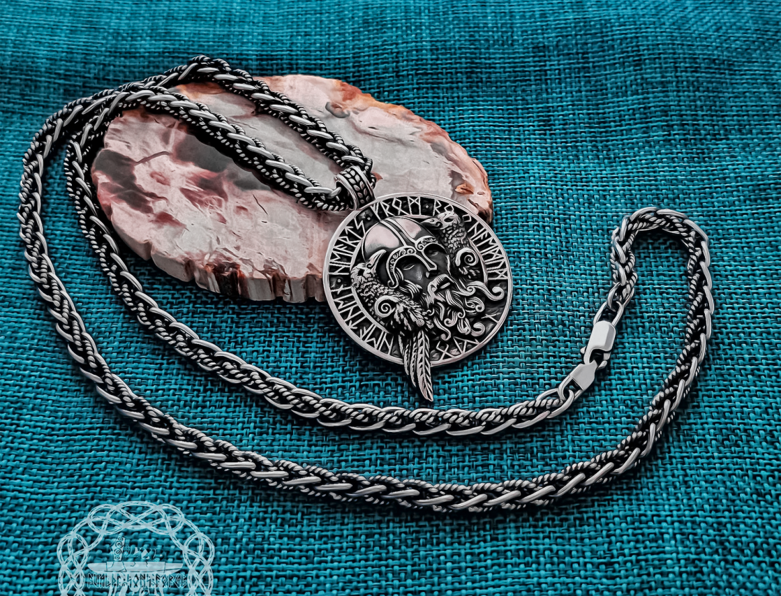 Handmade Sterling Silver Odin Necklace. Viking Raven Design.