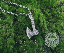 Sterling Silver Norse Axe Pendant. Raven and Wolf Amulet.