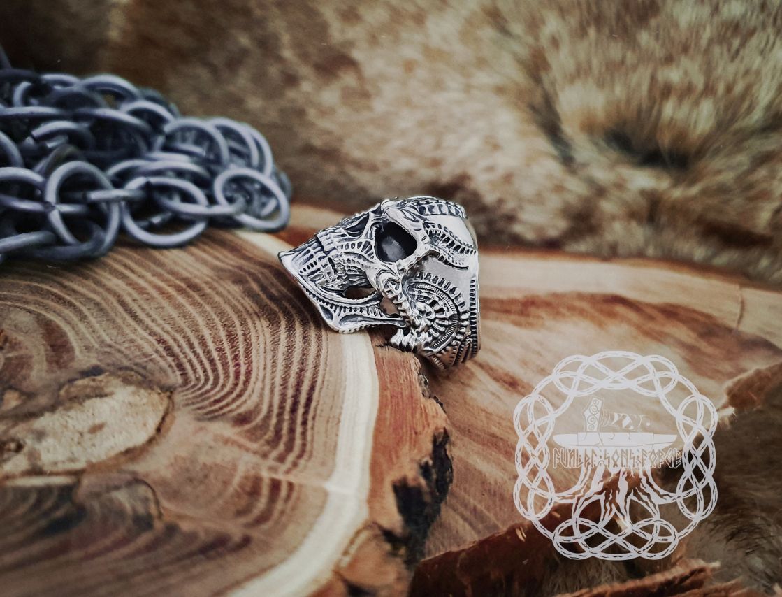 Handmade Sterling Silver Skull Ring. Biker Style Jewelry.