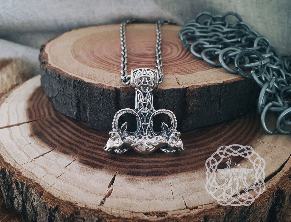 Goats Thor Hammer Pendant. Sterling Silver Viking Mjolnir Necklace.