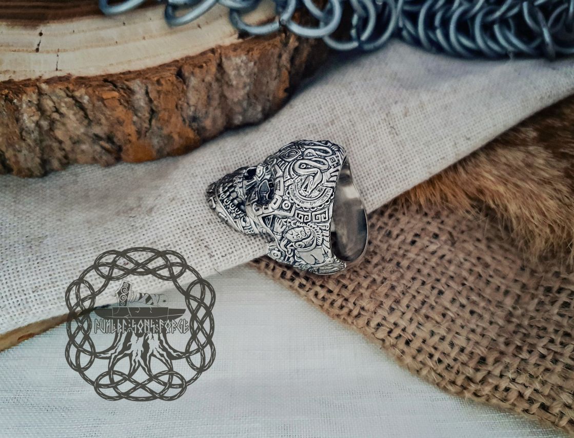 Sterling Silver Aztec Skull Ring. Maya Inspired Biker Design.
