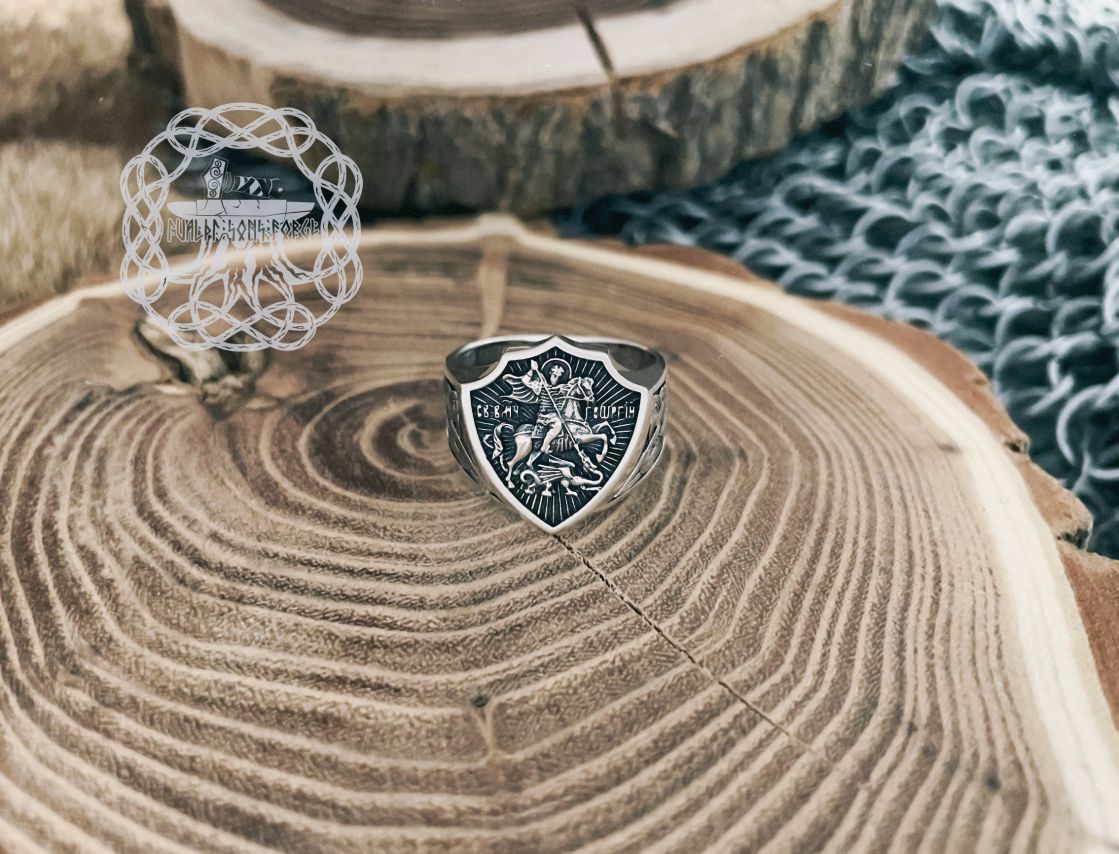 Sterling Silver Slavic Ring. Saint George the Dragon Slayer Design.