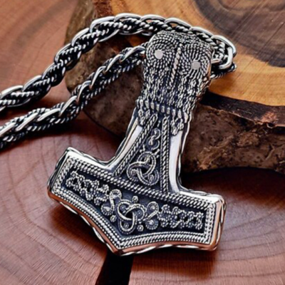 Sterling Silver Bredsatra Mjolnir Necklace. Viking Thor Hammer Pendant.