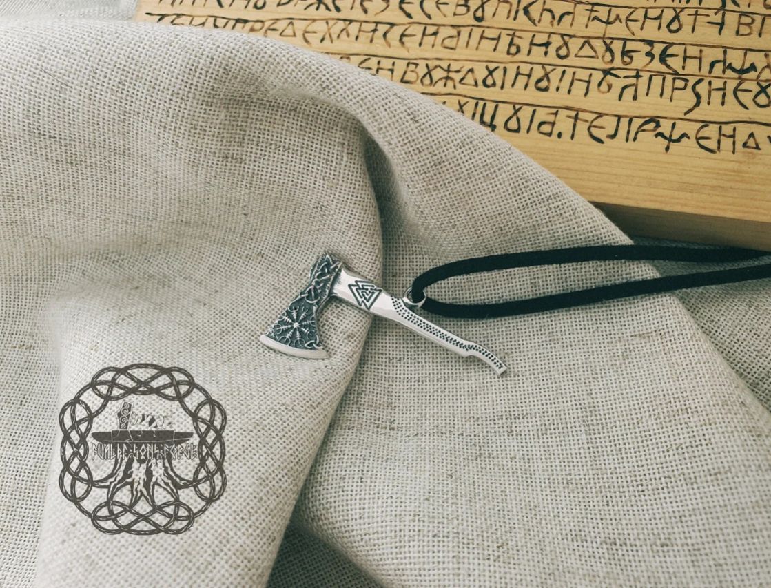 Sterling Silver Viking Axe Necklace. Featuring Valknut and Helm of Awe.