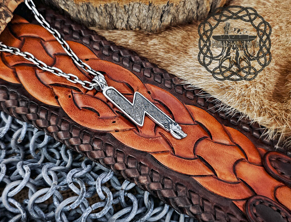 Handmade Norse Viking Sowilo Rune Wolf Pendant. Sterling Silver Runic Necklace.