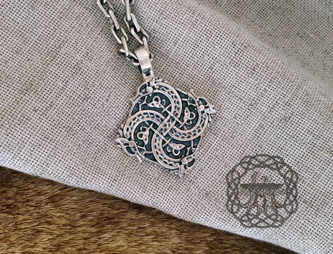 Handmade Sterling Silver Viking Dragon Pendant. Urnes Style Norse Jewelry.