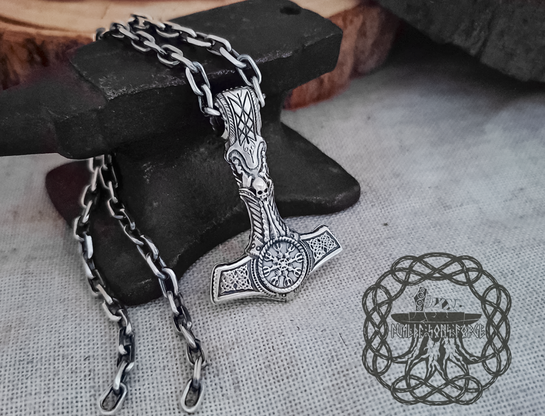 Viking Mjolnir Necklace with Helm of Awe. Sterling Silver Thor Hammer Pendant.
