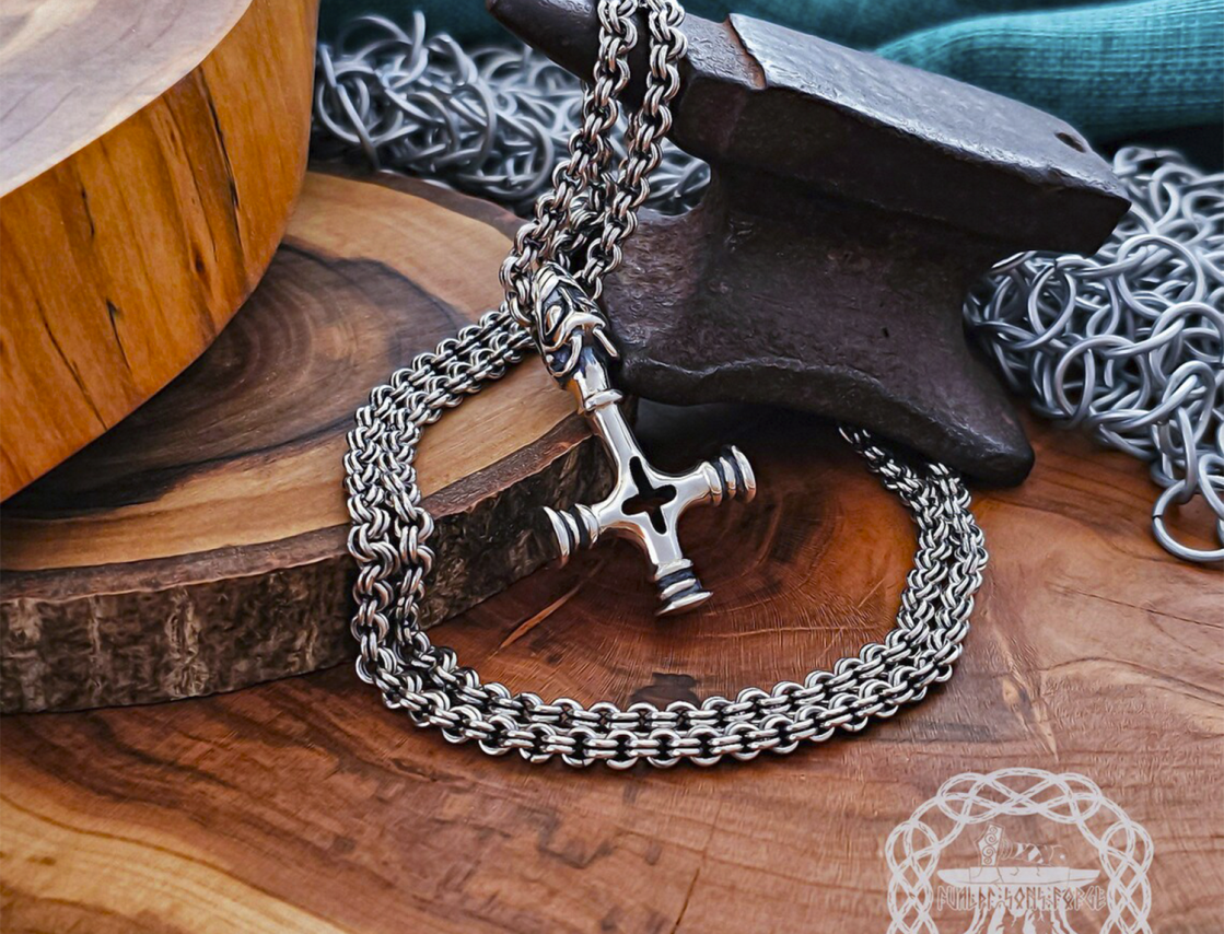 Handmade Olaf cross mjolnir pendant. Sterling silver Thor hammer replica from Iceland.