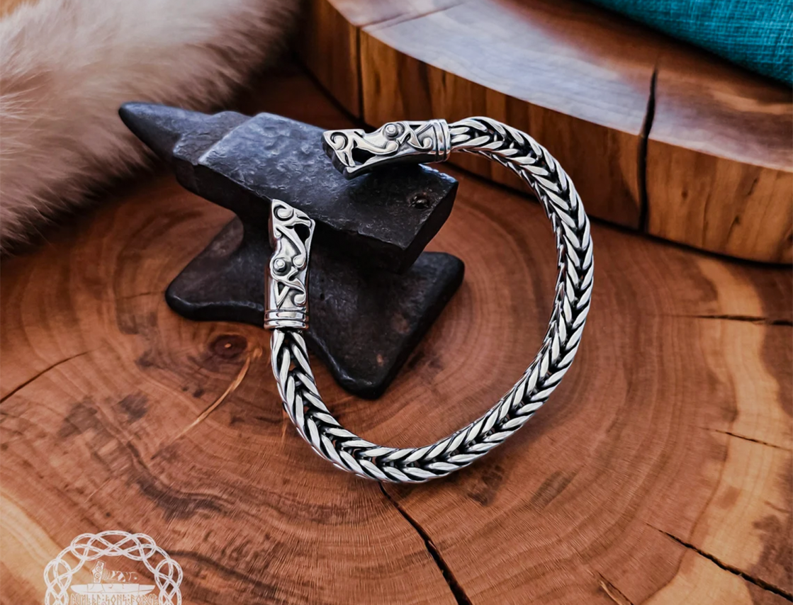 Wolf Head Norse Arm Ring Replica from Gotland. Handmade Sterling Silver Viking Bracelet.