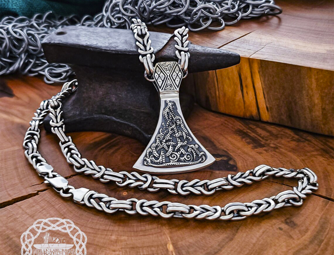Mammen Style Viking Axe Pendant. Sterling Silver Norse Jewelry.