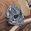Sterling Silver Skull Ring with Floral Detailing. Handcrafted Biker Jewelry.