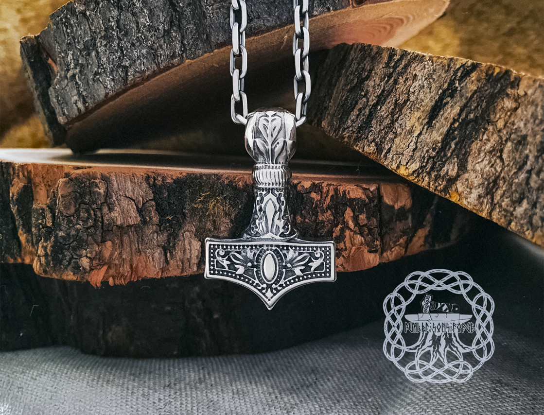 Viking Thor Hammer Necklace. Sterling Silver Mjolnir Pendant.