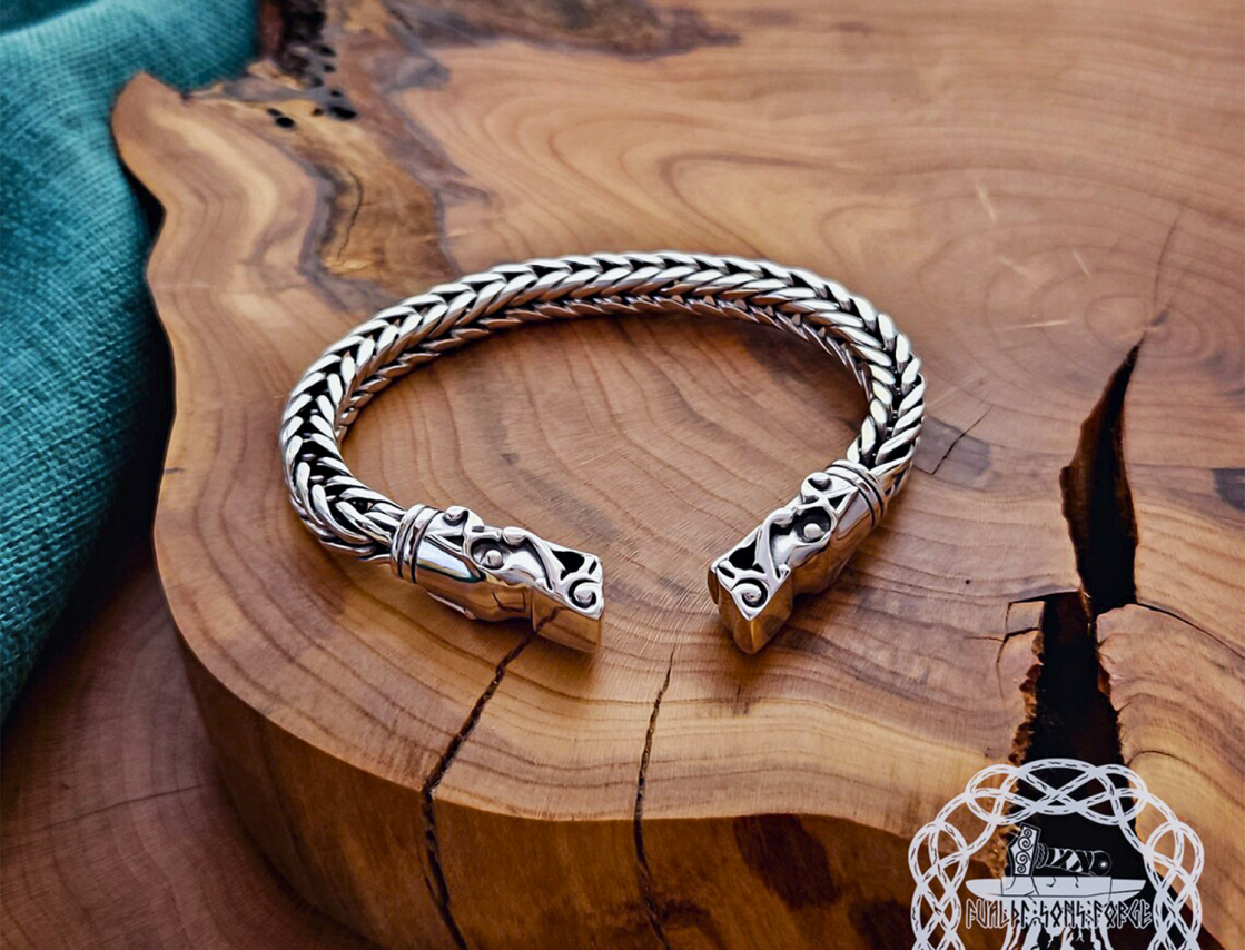 Wolf Head Norse Arm Ring Replica from Gotland. Handmade Sterling Silver Viking Bracelet.