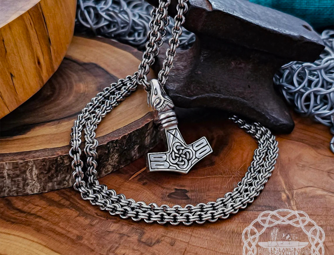 Handmade Thor hammer replica from Circa. Sterling silver Avian head mjolnir pendant. 