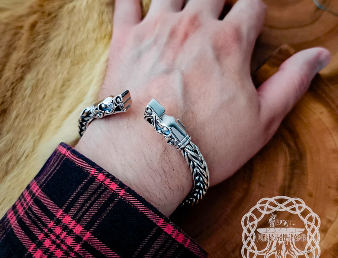 Wolf Head Norse Arm Ring Replica from Gotland. Handmade Sterling Silver Viking Bracelet.