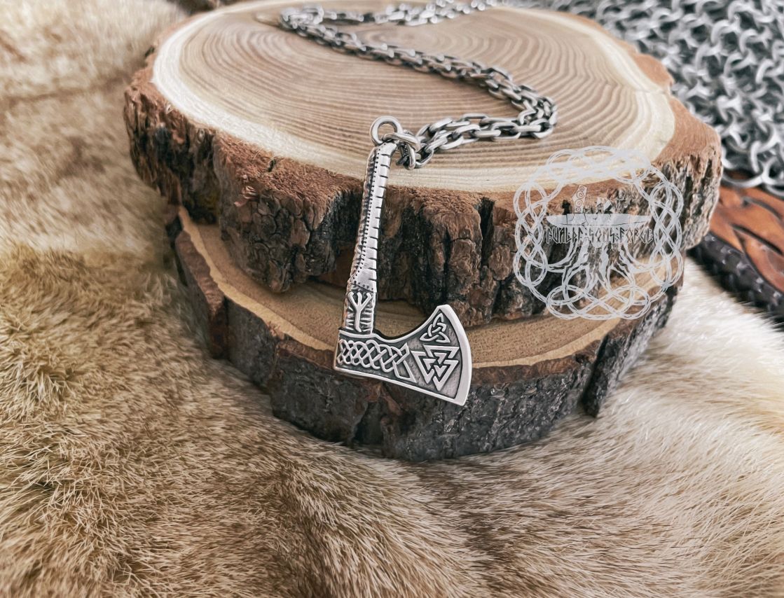 Handmade Viking Axe Pendant. Sterling Silver Valknut Jewelry.