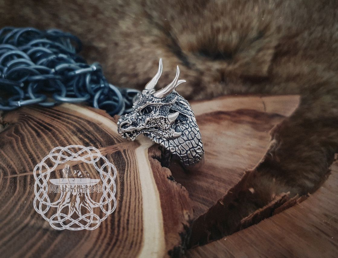Sterling Silver Dragon Ring with Horns. Handmade Fantasy Jewelry.