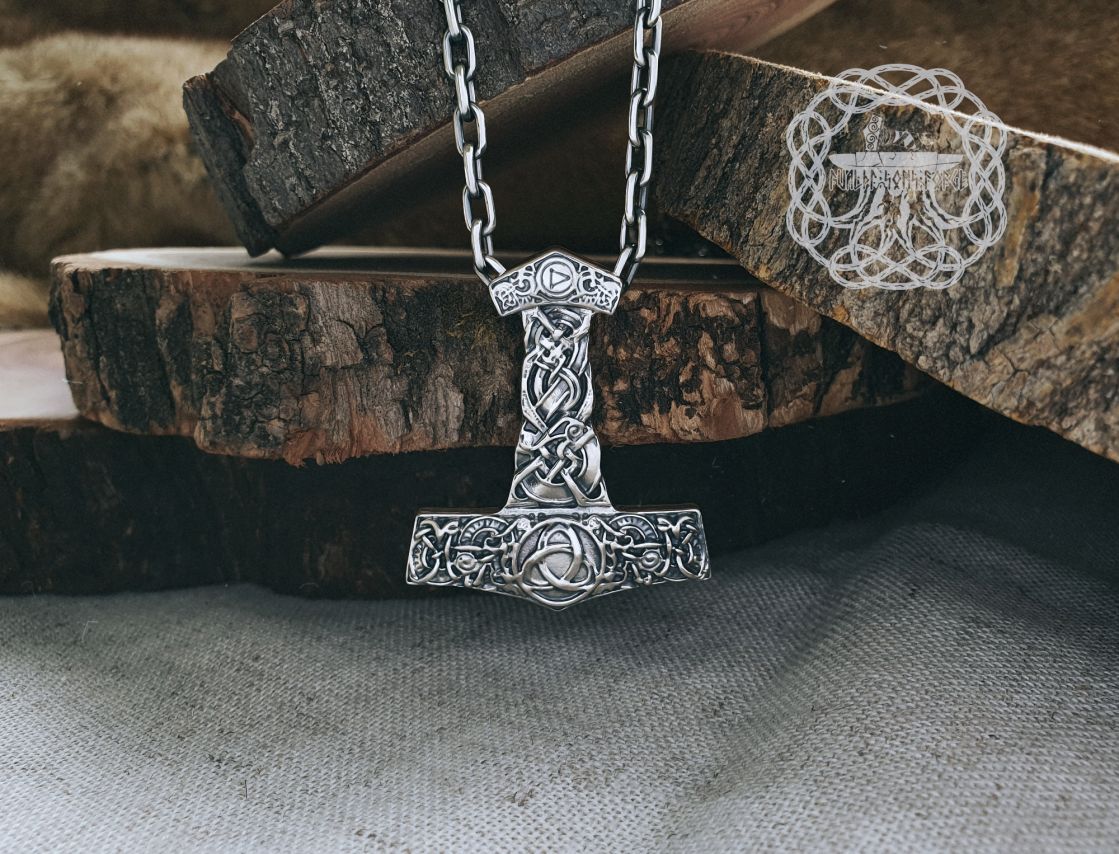 Sterling Silver Viking Mjolnir Necklace. Thor Hammer Pendant with Triskele.