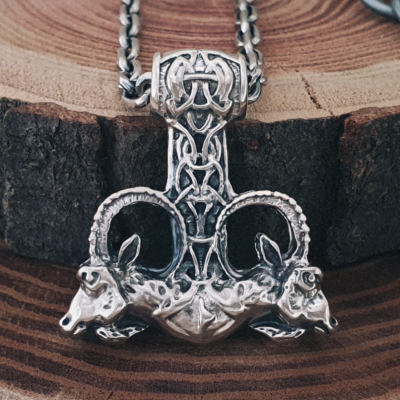 Goats Thor Hammer Pendant. Sterling Silver Viking Mjolnir Necklace.