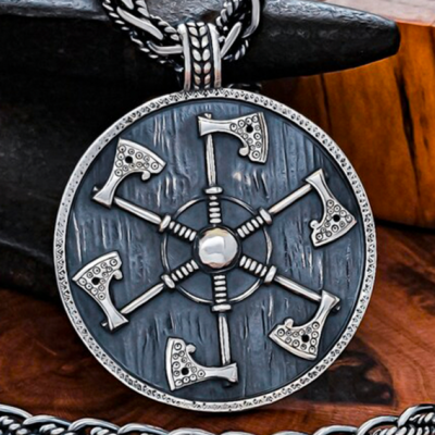 Handmade Sterling Silver Shield Pendant. Viking Axe Necklace.