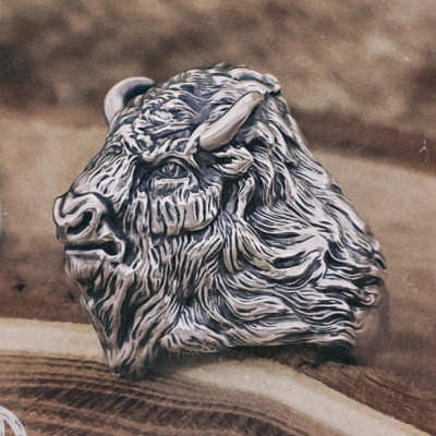 Sterling Silver Bison Head Ring. Handmade Animal Jewelry.
