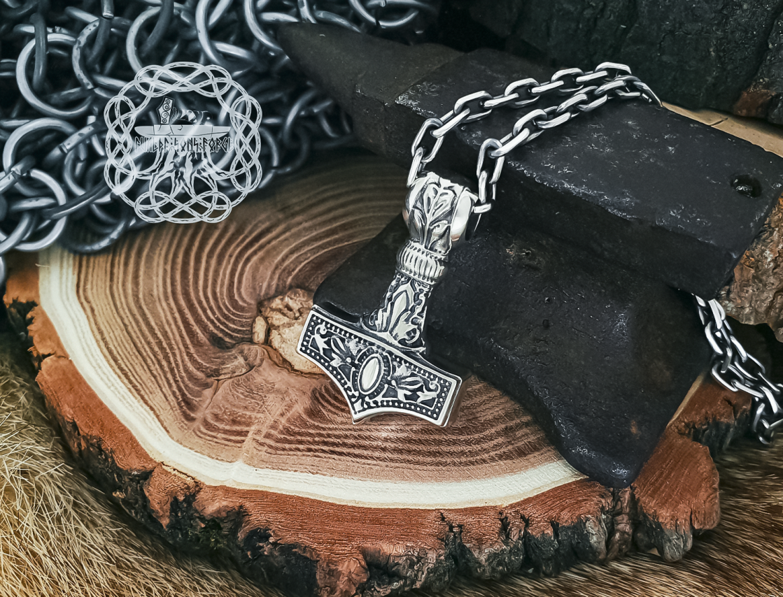 Viking Thor Hammer Necklace. Sterling Silver Mjolnir Pendant.