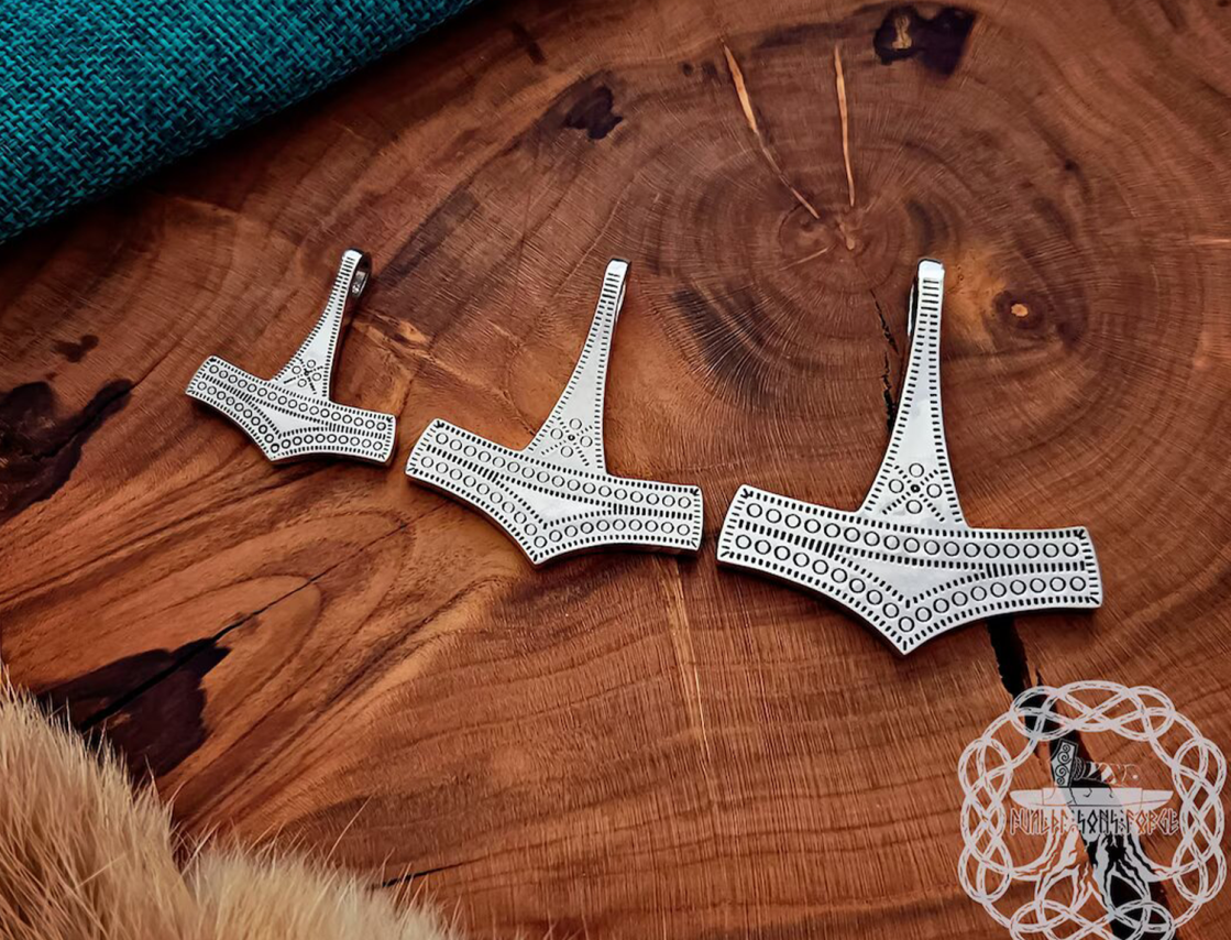 Handmade Thor hammer viking replica necklace. Sterling silver Romersdal mjolnir pendant. 