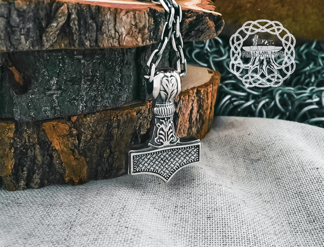 Viking Thor Hammer Necklace. Sterling Silver Mjolnir Pendant.