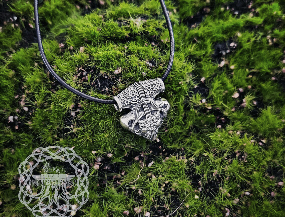 Sterling Silver Sigtuna Mjolnir Viking Necklace. Raven Head Thor Hammer Pendant.