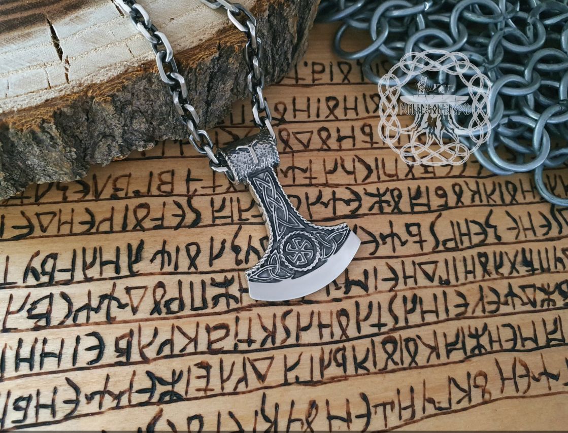 Handcrafted Viking Axe Pendant. Sterling Silver Kolovrat Symbol.