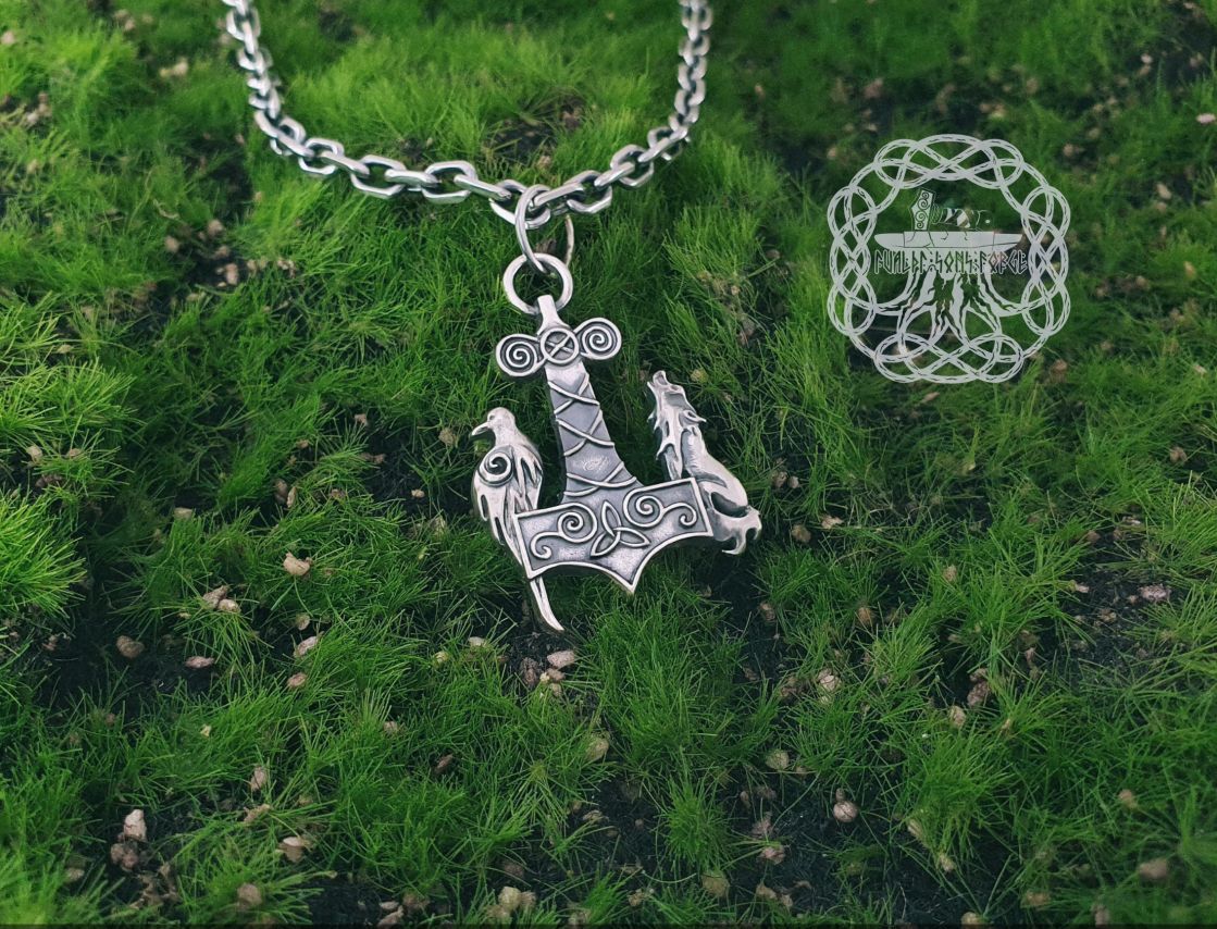 Raven & Wolf Thor Hammer Pendant. Sterling Silver Mjolnir Necklace.