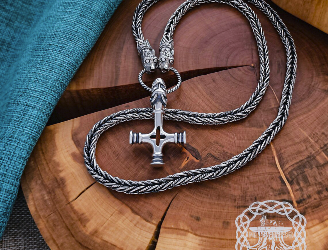 Handmade Olaf cross mjolnir pendant. Sterling silver Thor hammer replica from Iceland.