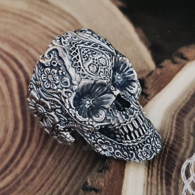 Handmade Silver Skull Ring. Floral Detailing Biker Style Jewelry.