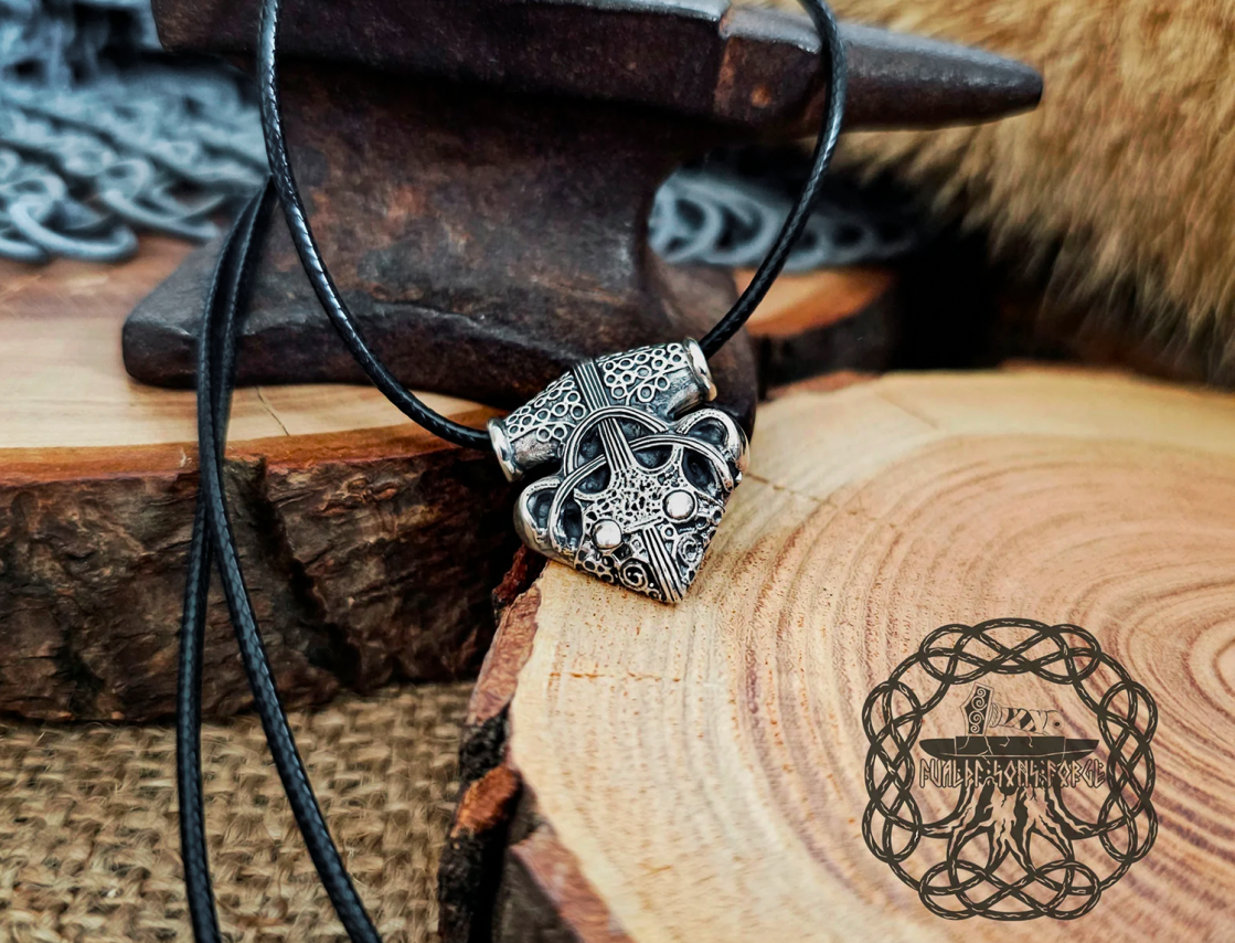 Sterling Silver Sigtuna Mjolnir Viking Necklace. Raven Head Thor Hammer Pendant.
