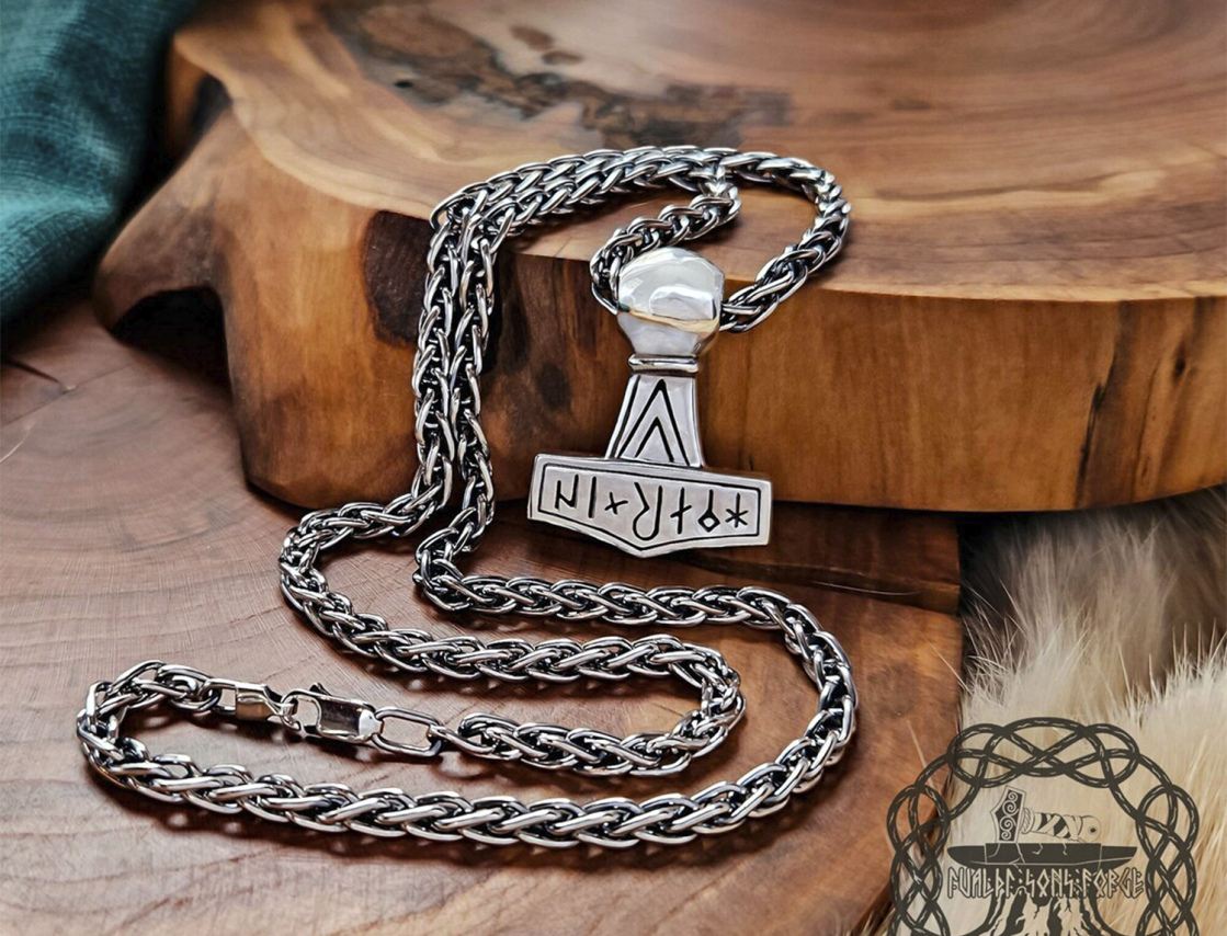 Sterling Silver Runic Thor Hammer Pendant With Valknut. Handmade Mjolnir replica from Kobelev.