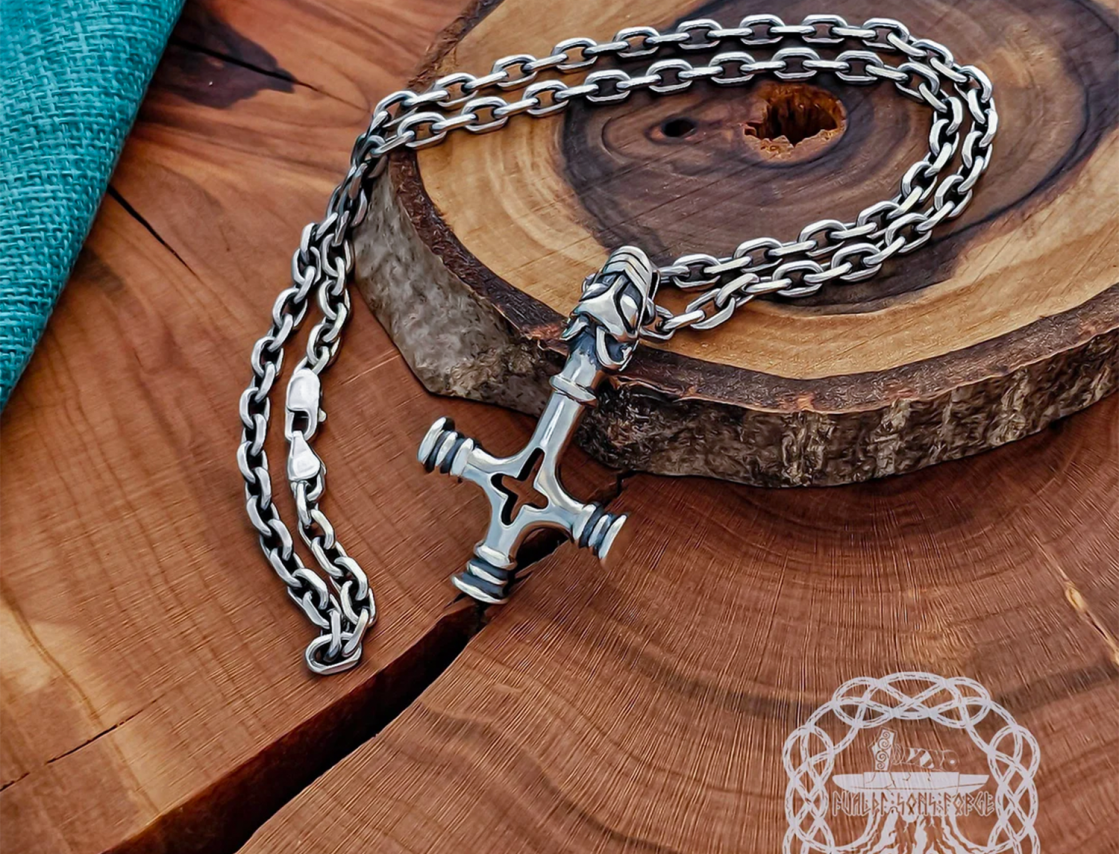 Handmade Olaf cross mjolnir pendant. Sterling silver Thor hammer replica from Iceland.