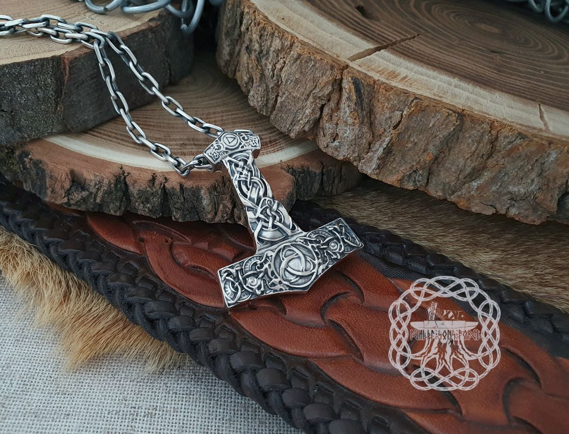 Sterling Silver Viking Mjolnir Necklace. Thor Hammer Pendant with Triskele.