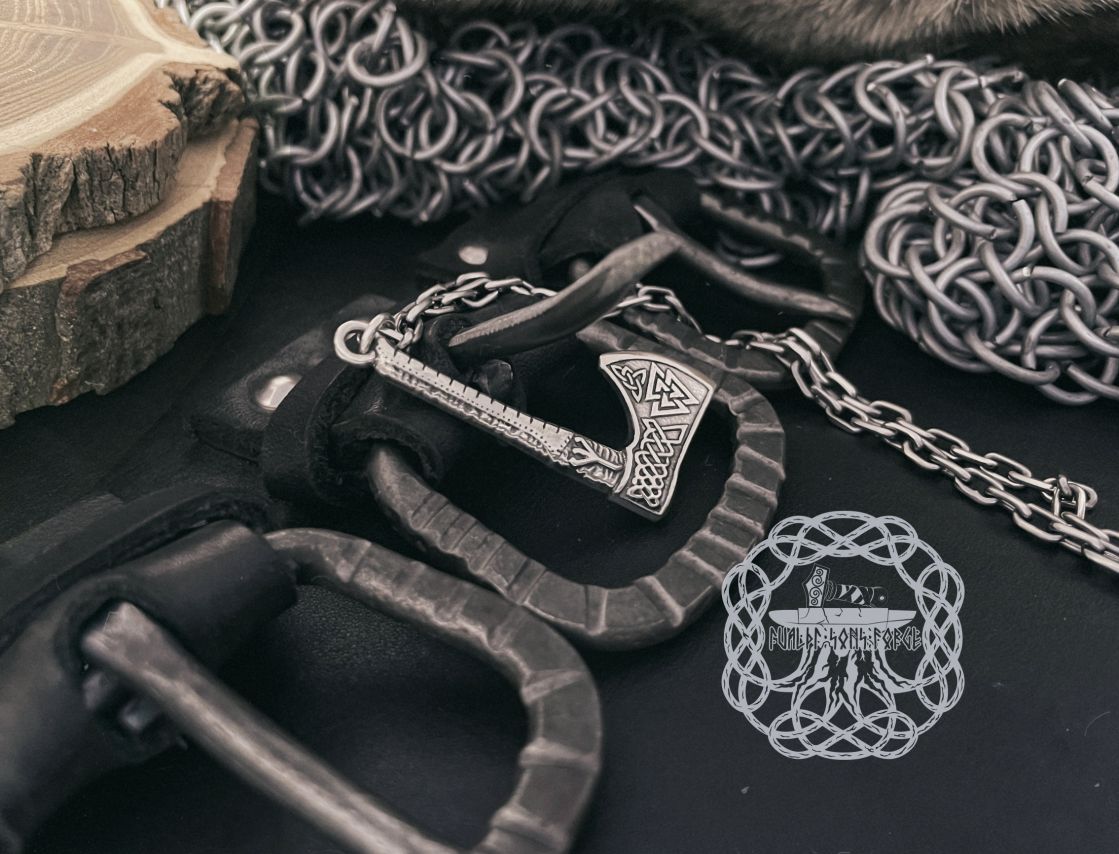 Handmade Viking Axe Pendant. Sterling Silver Valknut Jewelry.